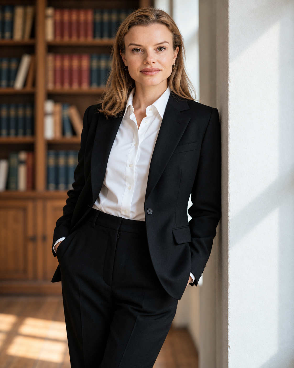 Luizamara Ribeiro de blazer preto junto à biblioteca
